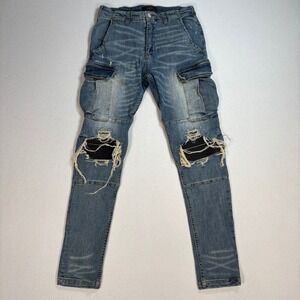 Amiri Cargo Jeans Men's 29x30 Light Blue Skinny Tapered Stitches Ripped Distress